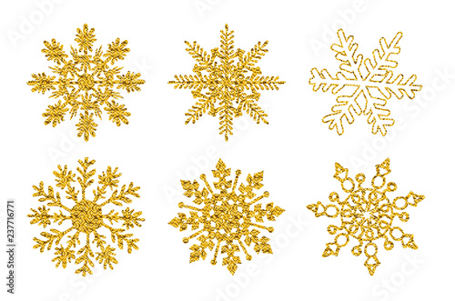 set six Gold glitter texture snowflake isolated on white background. Vector illustration.
