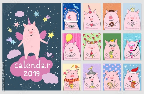 Monthly calendar with cute pig characters. Symbol of Chinese New Year 2019
