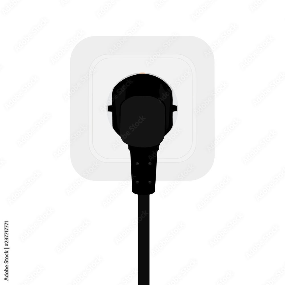 Black power cord cable plugged into european wall outlet on white wall. Black power cord cable plugged into european wall outlet on white wall.