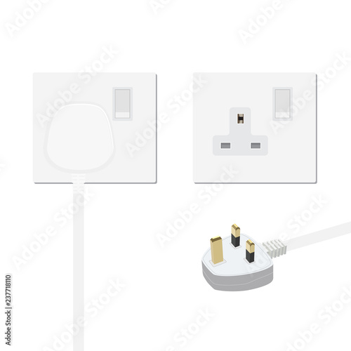 Realistic white plug inserted in electrical outlet, power socket and uk plug