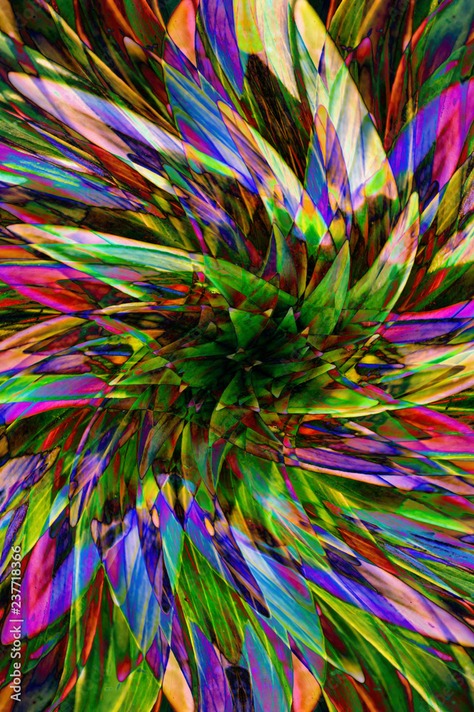 Hallucinogen fluorescent background from plants of surreal colors . Abstract illusion on drink and drug theme. Psychedelic tropical effect of cannabis or alcohol. Lsd effect. Hemp dope.