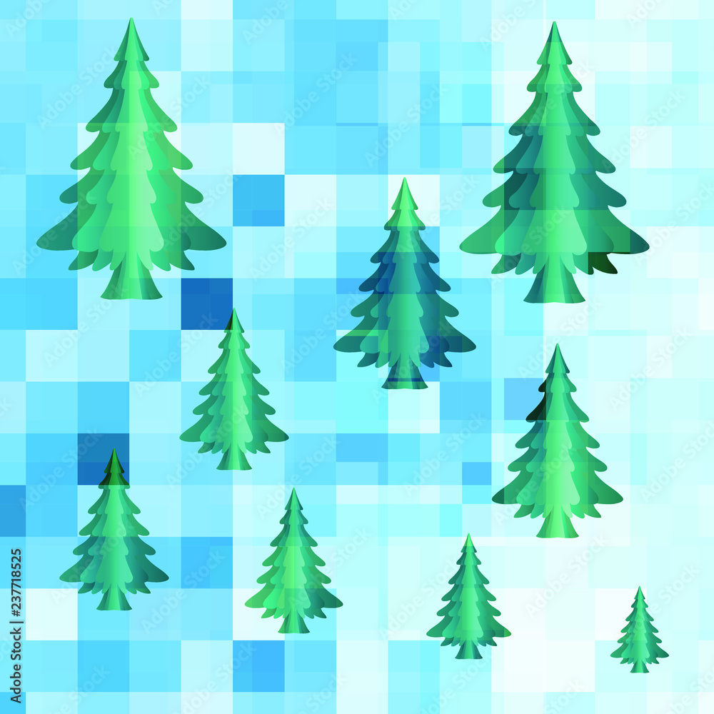 Green Christmas trees on a snowy background
