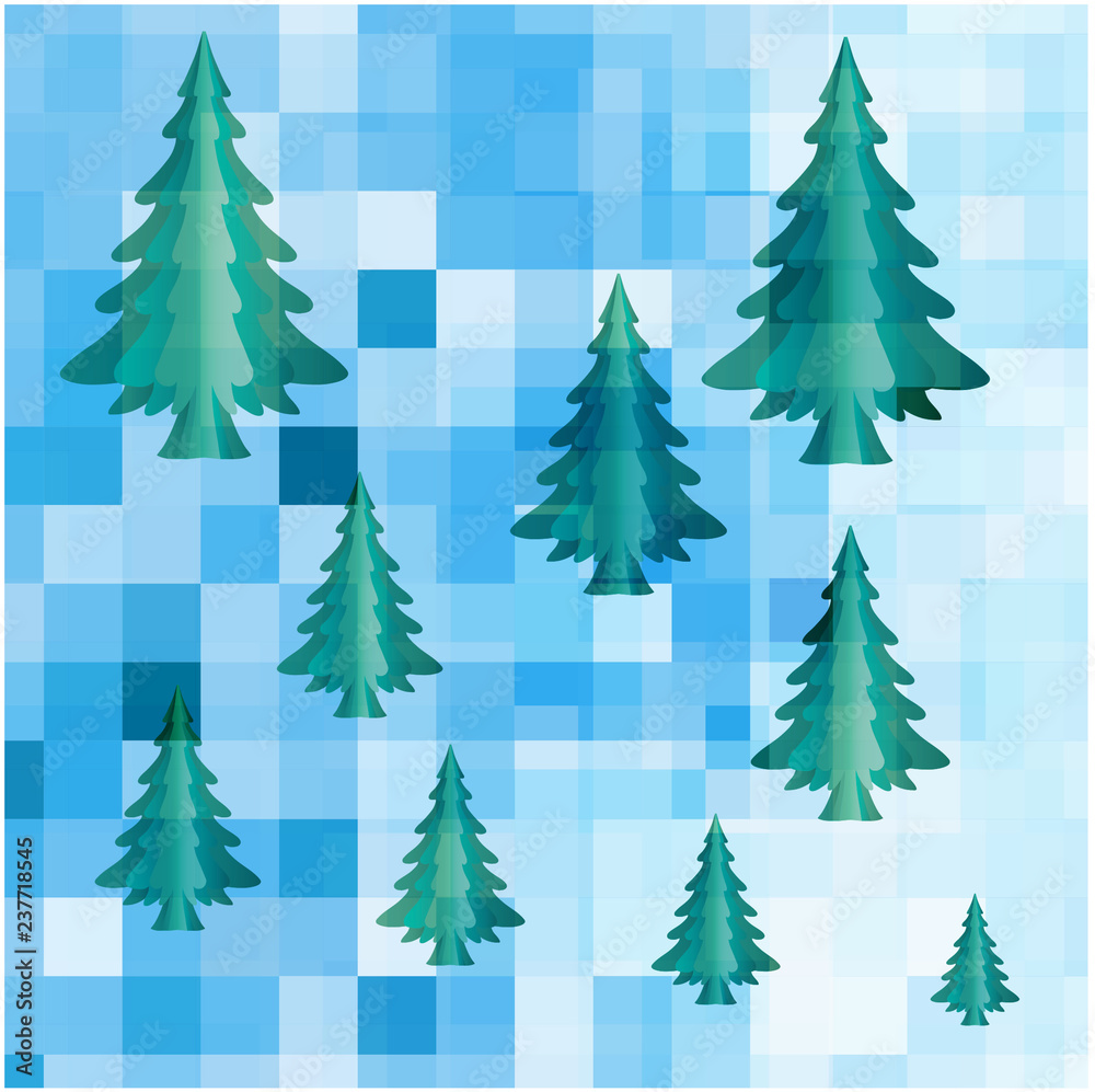 Green Christmas trees on a snowy background
