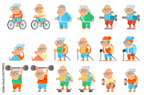 Healthy activities fitness granny grandfather adult old age man woman characters set cartoon flat design vector illustration