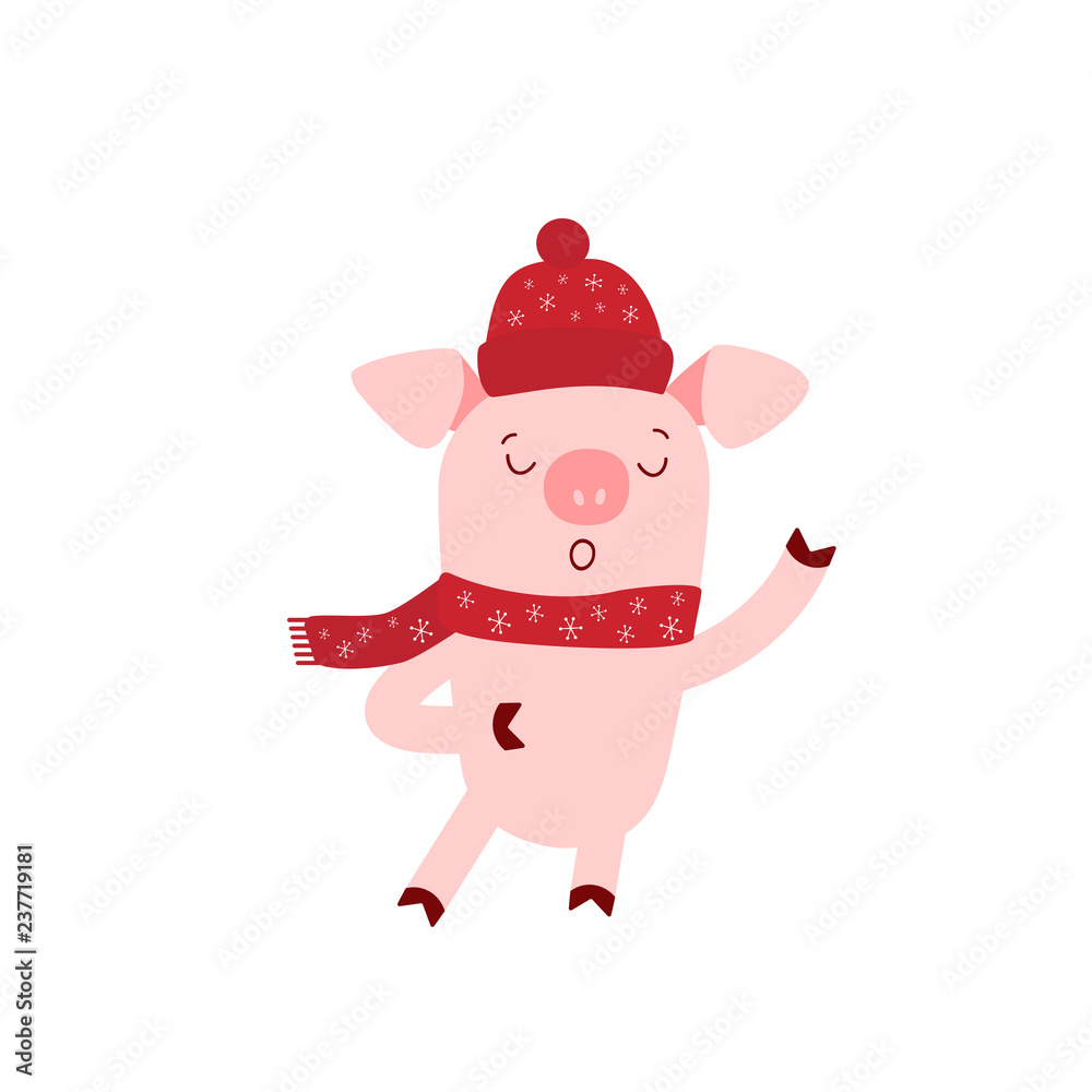 Vector illustration of cute pig with hat and scarf. Zodiac symbol of Chinese New Year 2019. Useful for calendar, diary, banner, greeting card. Christmas card, poster, sticker, clip art. Vector illustration of cute pig with hat and scarf. Zodiac symbol of Chinese New Year 2019. Useful for calendar, diary, banner, greeting card. Christmas card, poster, sticker, clip art.