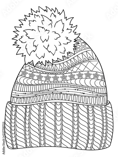 New year and Christmas theme. Black and white graphic doodle hand drawn sketch for adult coloring book. Hand Drawn knitting hat Sketch Symbol isolated. Ethnic pattern.