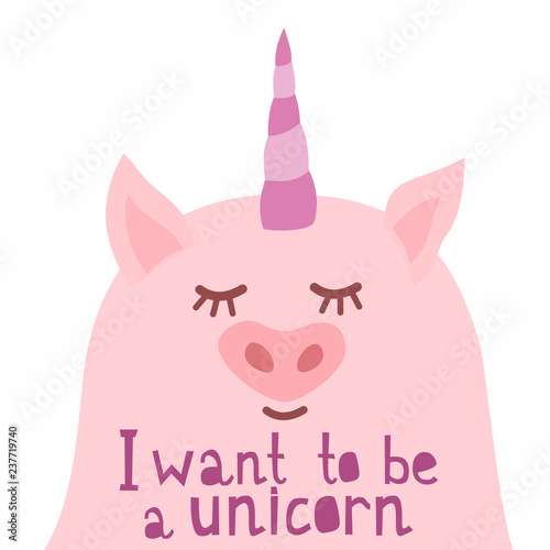 Cute character of unicorn pig in cartoon style