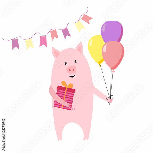 Cute pig character. Happy pig with baloons in cartoon style. Birthday greetin...