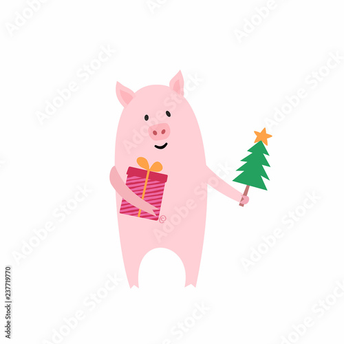 Cute pig character with a christmas tree. New year greeting card