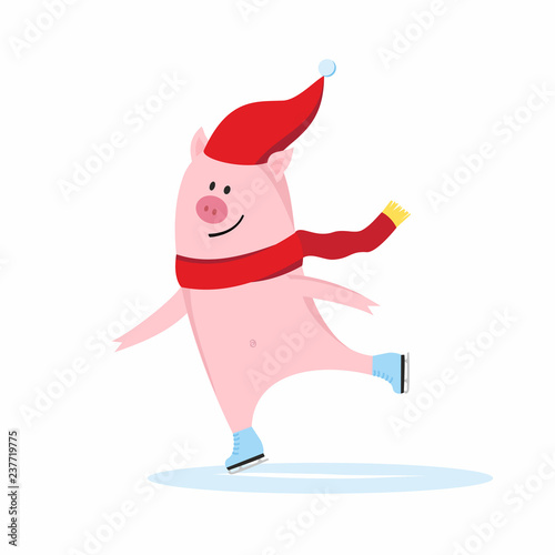 Cute pig is skating. Christmas card
