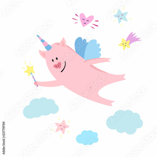 Cute character of flying unicorn pig with wings in cartoon style