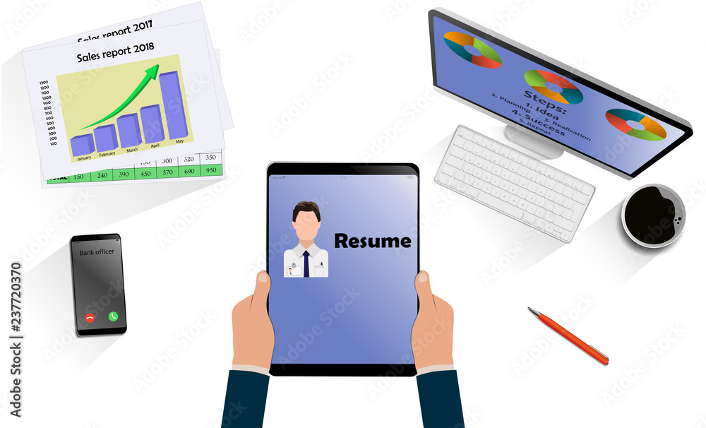 Top view on hands with laptop with Resume above desk with mobile, tablet and other business accessories. Modern business workplace Top view on hands with laptop with Resume above desk with mobile, tablet and other business accessories. Modern business workplace