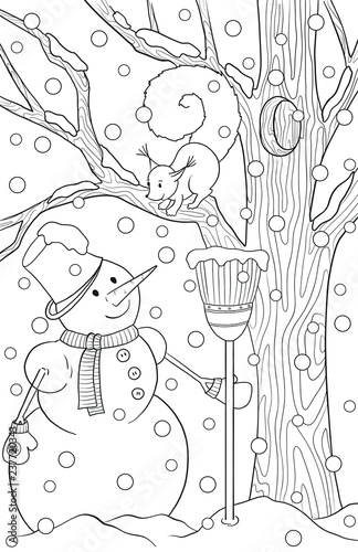 New year and Christmas theme. Black and white graphic doodle hand drawn sketch for adult coloring book. Winter landscape with pine, snow, snowmen and squirrel.