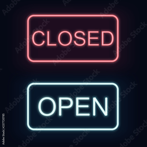 Glowing neon Closed and Open sign with magic sparkles on dark background