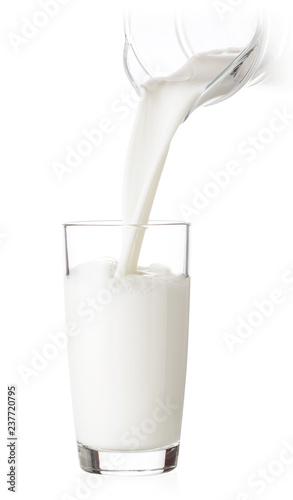 Milk pouring into a glass from glass jug