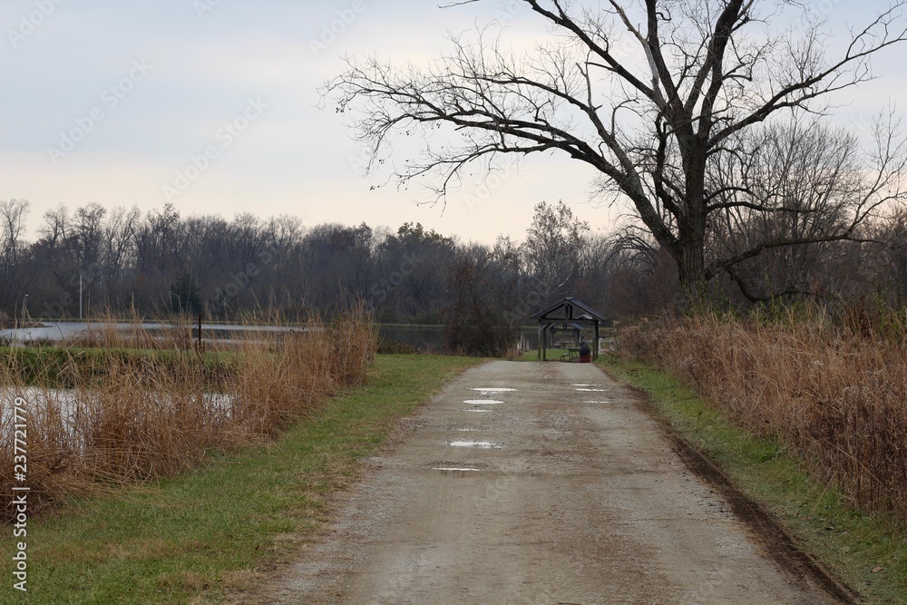 A long gravel path in the country landscape on a cloudy day. A long gravel path in the country landscape on a cloudy day.