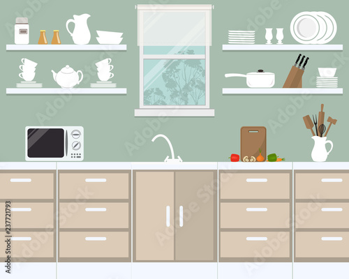 Fototapeta Naklejka Na Ścianę i Meble -  Kitchen interior in provence color. There is a microwave, a kettle, plates, cups, knives and other kitchen tools on a window background. There are also vegetables and a cutting board here. Vector