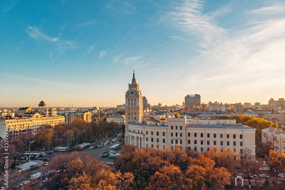 Aerial view of main building of South-Eastern Railway in Voronezh - symbol of city, beautiful European cityscape at sunset