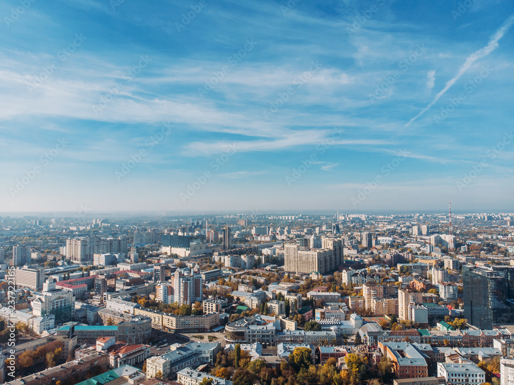 Aerial downtown Voronezh city panorama from drone in sunny day, new and old buildings, skyline view