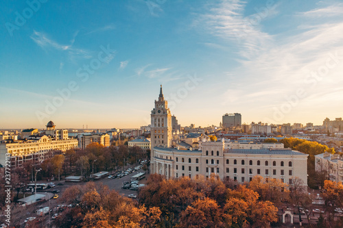 Aerial view of main building of South-Eastern Railway in Voronezh - symbol of city  beautiful European cityscape at sunset