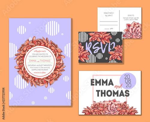 Floral wedding invitation set. Collection of different invite cards decorated with succulents. Save the date, rsvp vector cards. Botanical illustration.