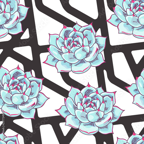 Vector geometric seamless pattern with floral decoration. Abstract striped background