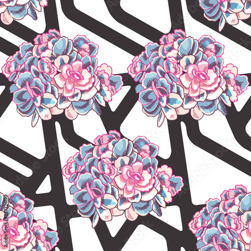 Vector geometric seamless pattern with floral decoration. Abstract striped background