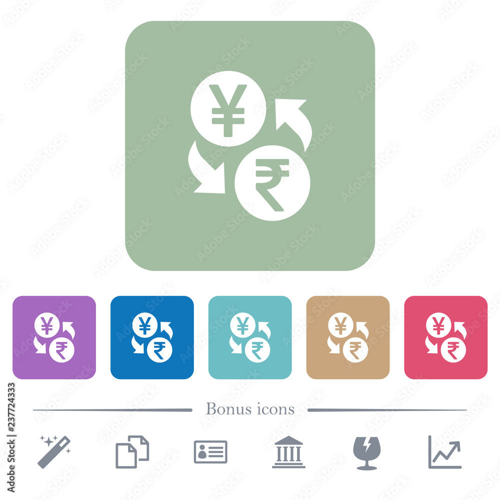 Yen Rupee money exchange flat icons on color rounded square backgrounds Yen Rupee money exchange flat icons on color rounded square backgrounds
