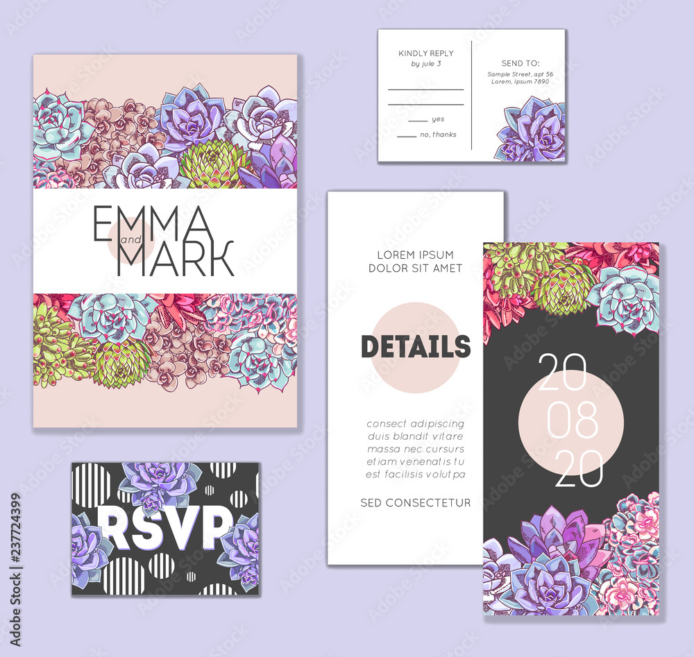 Floral wedding invitation set. Collection of different invite cards decorated with succulents. Save the date, rsvp vector cards. Botanical illustration.