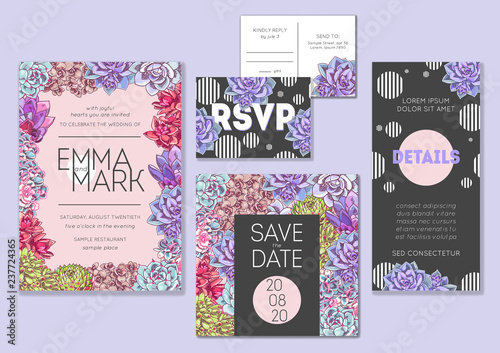 Floral wedding invitation set. Collection of different invite cards decorated with succulents. Save the date, rsvp vector cards. Botanical illustration.