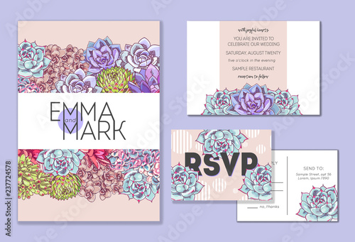 Floral wedding invitation set. Collection of different invite cards decorated with succulents. Save the date, rsvp vector cards. Botanical illustration.