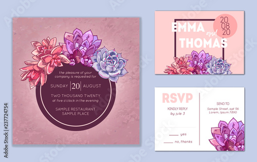 Floral wedding invitation set. Collection of different invite cards decorated with succulents. Save the date, rsvp vector cards. Botanical illustration.