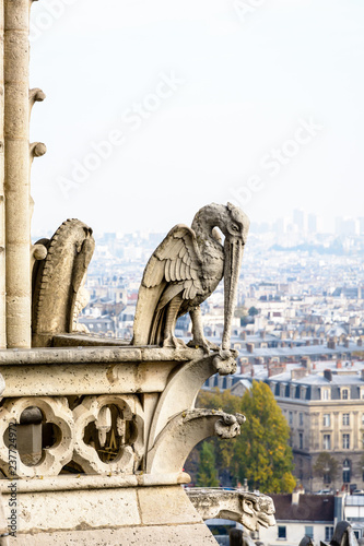 Stone statue of a chimerical bird on the towers gallery of Notre-Dame de Paris cathedral overlooking the city vanishing in the mist in the distance.