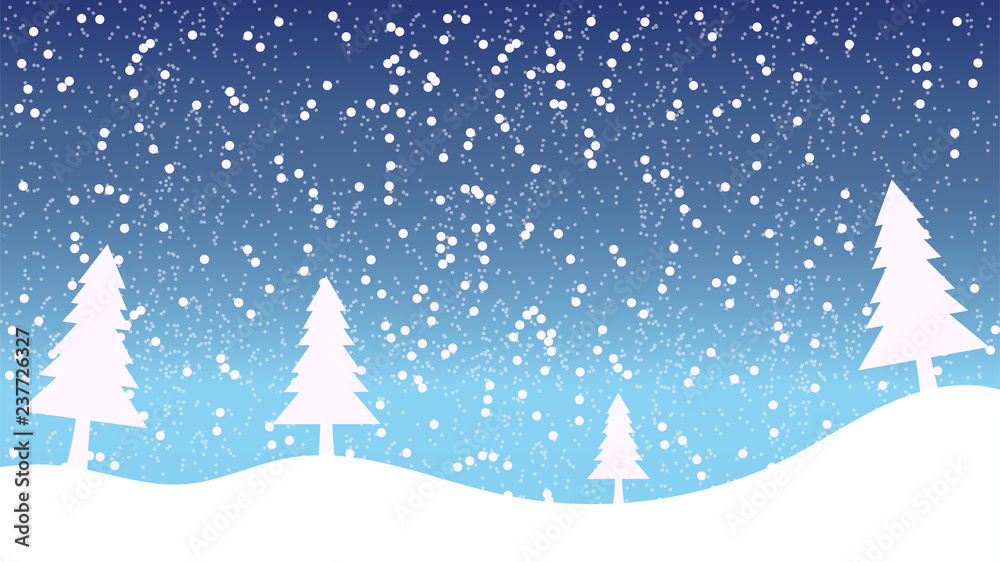 Snow landscape with snowflakes and Christmas trees. Scenery vector illustration.