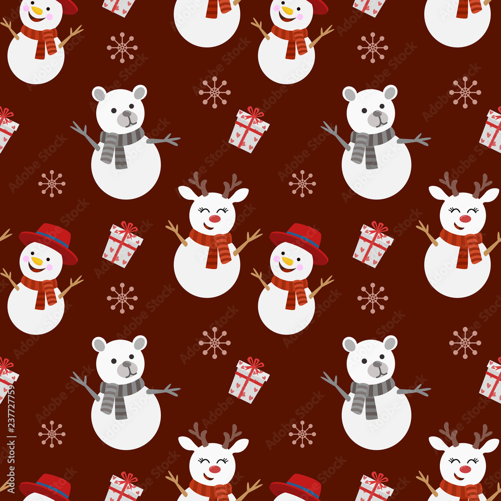 Bear deer and snowman seamless pattern