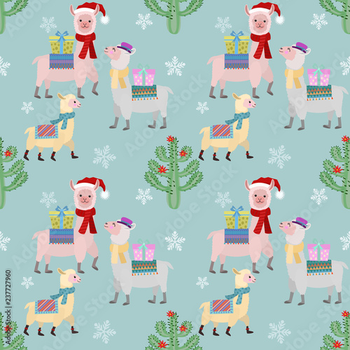 Cute alpaca in Christmas season seamless pattern