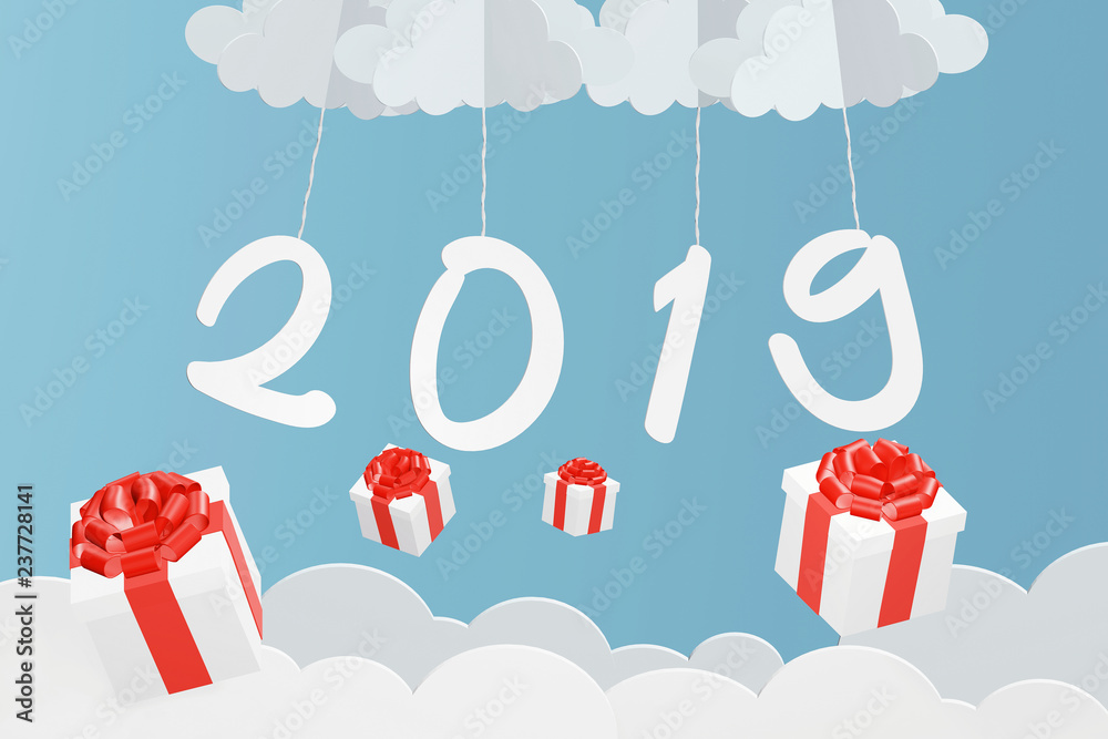 Paper art style of 2019 hang with cloud and Gift box dropping from Blue sky, Romantic, sweet, cute, Perfect happy new year cards for the loved ones in your life, 3D rendering design.