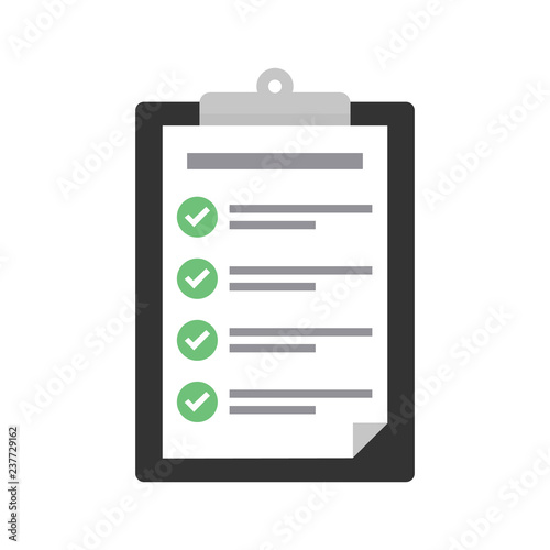 Clipboard with checklist icon. Flat illustration of clipboard with checklist icon for web with green check boxes on white background. photo