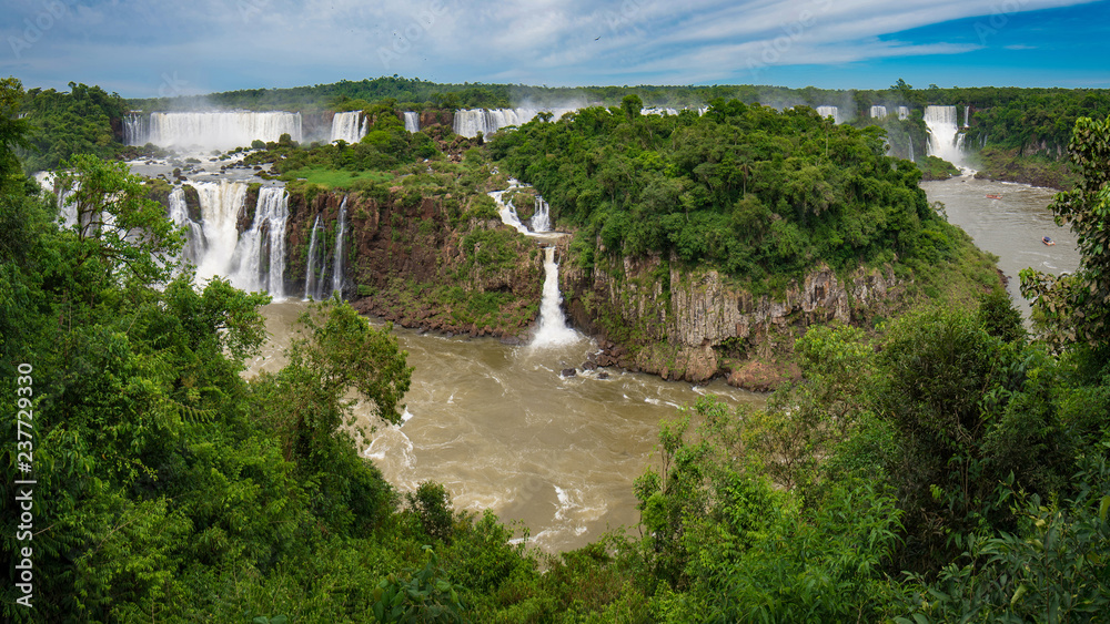 Panoramic View of Iguazu Falls, One of the Seven New Wonders of Nature, in Brazil and Argentina