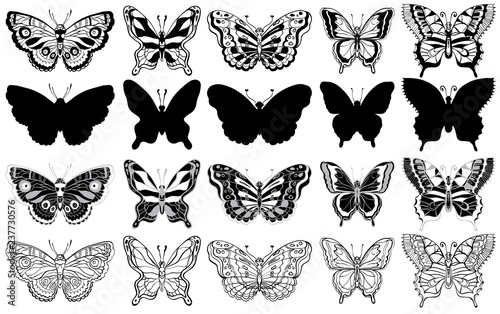 Set of butterflies. Silhouette, sketch and graphic icons