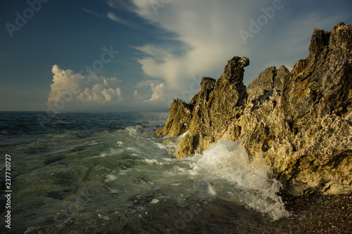 wild sea shore landscape waves breaking on rocks