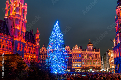 Grand Place in Brussels, belguim at night with christmas tree