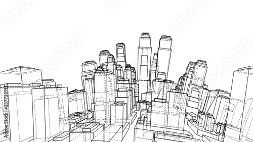 Wire-frame Twisted City  Blueprint Style. Vector