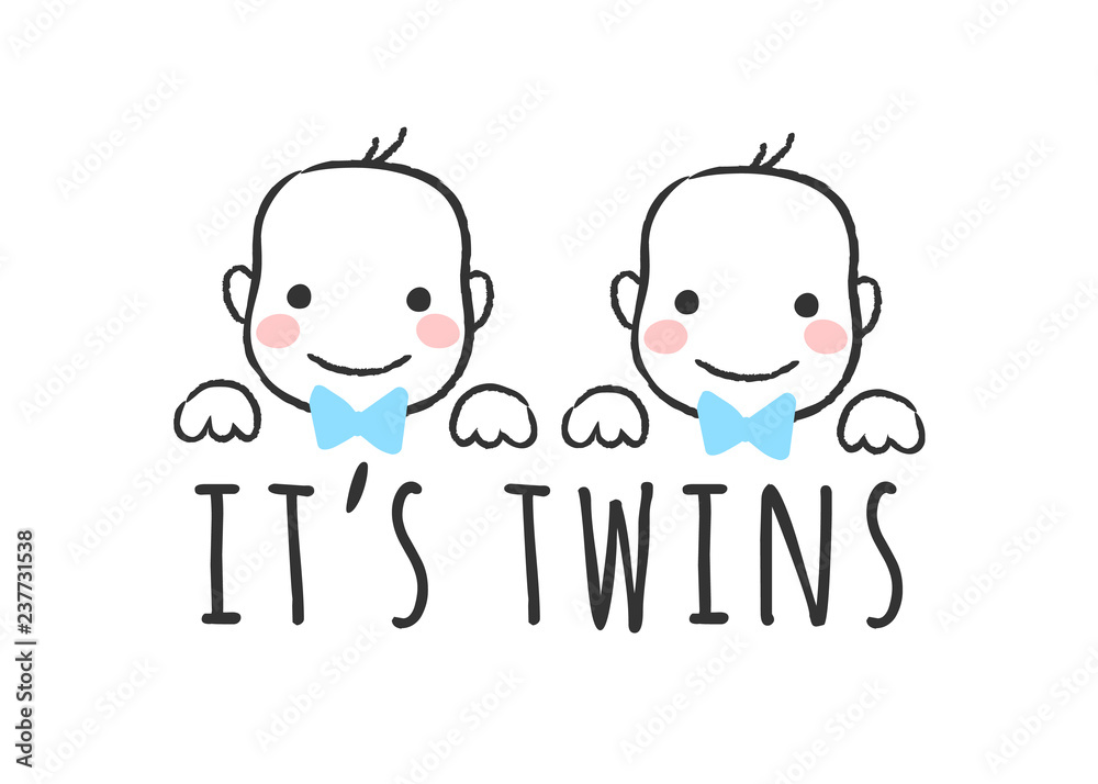 Vector sketched illustration with baby boy faces and inscription - It's twins - for baby shower card, t-shirt print or poster. Vector sketched illustration with baby boy faces and inscription - It's twins - for baby shower card, t-shirt print or poster.