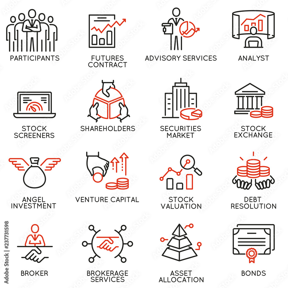 Vector set of linear icons related to trade service, investment ...