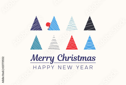 Merry Christmas and Happy New Year card with abstract colorful Christmas trees.