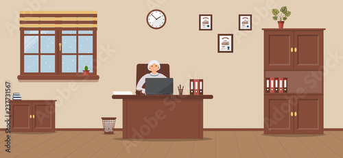 An elderly woman sitting in the workplace in a spacious office on a cream background. Vector illustration.Table, wardrobe, monstera,diplomas. It`s snowing outside.Wooden floor. Perfect for advertising