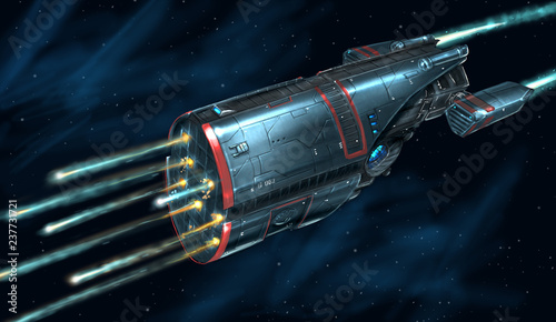 Concept art digital painting or illustration of movie or computer game style of sci-fi or science fiction spaceship in space battle attacking using torpedoes or rockets.