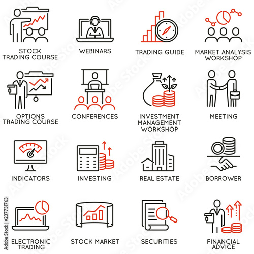 Vector set of linear icons related to trade service  investment strategy and management. Mono line pictograms and infographics design elements - part 4