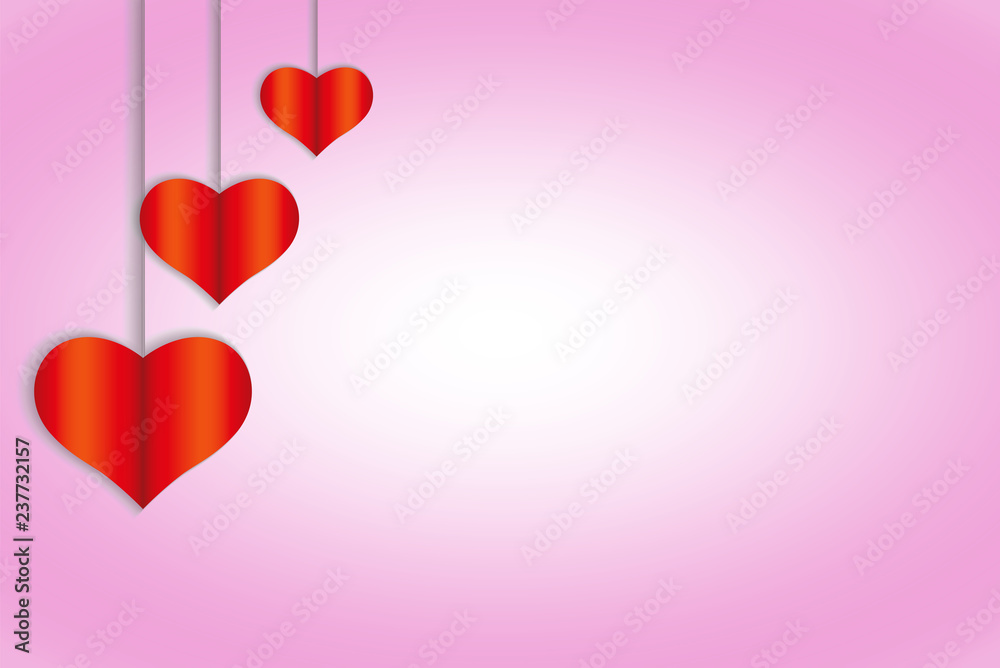 Three red hearts on laces against background of a pink gradient background